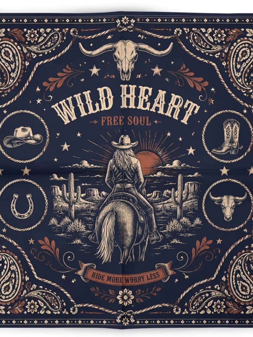 Wild Heart Free Soul Western Paisley Bandana Scarf - Navy & Tan
